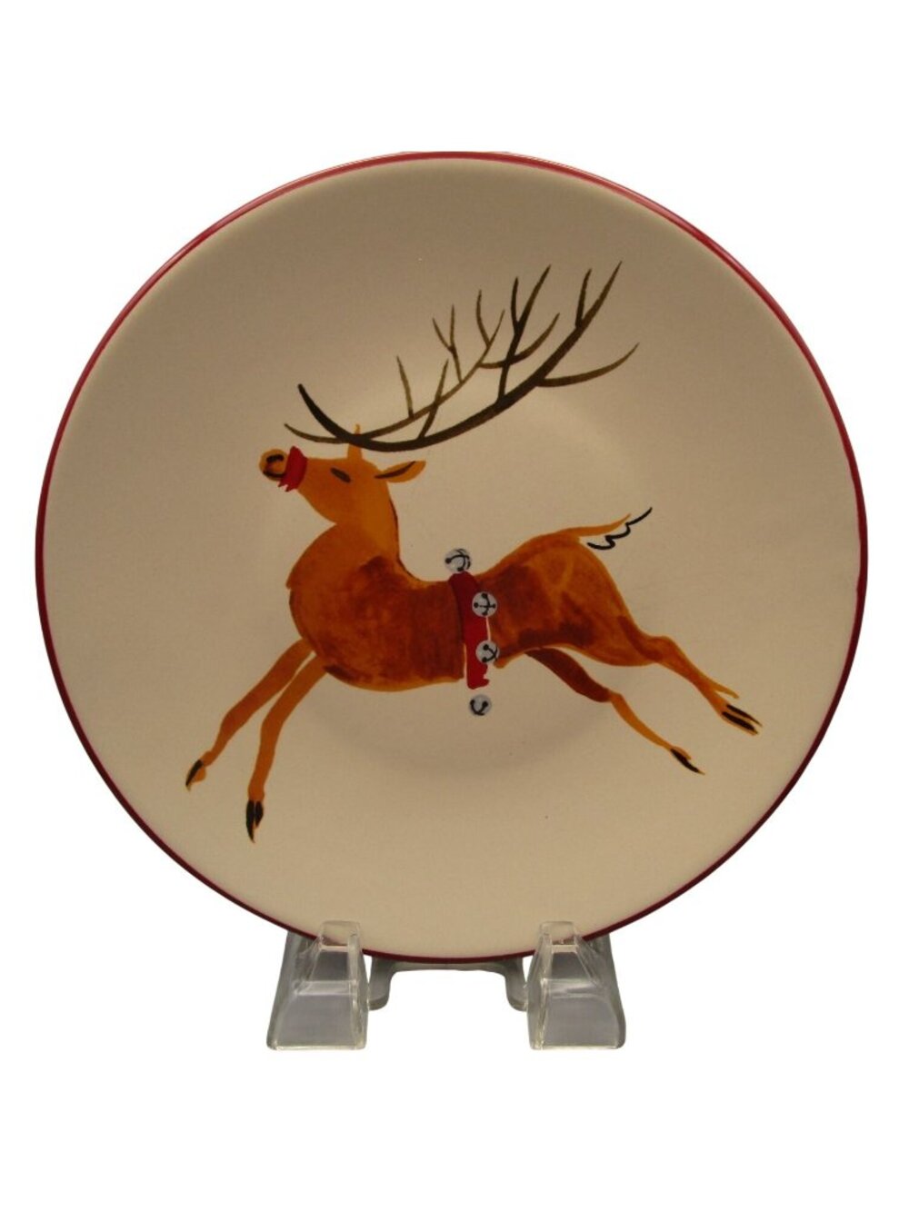 Longaberger Reindeer Christmas Plate 7.5 Inch Ceramic Red Rim Holiday Decor Vint